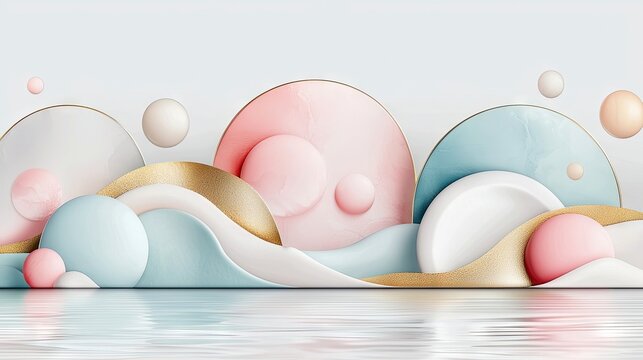 A 3D abstract composition featuring rounded pastel shapes, spheres, and gold accents, set against a soft, light background with a reflective water surface below - Powered by Adobe