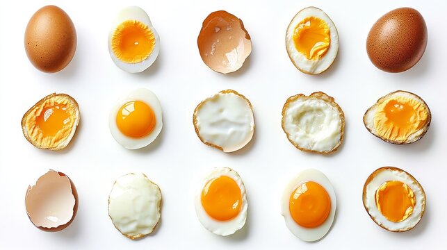 Culinary reference chart showing spectrum of egg cooking techniques, detailed cross-sections revealing interior characteristics, perfect examples of boiling timeline from soft to hard, various frying