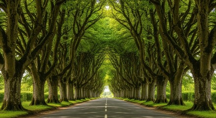 A long, straight road disappearing into the distance, flanked by a symmetrical, dense canopy of lush green trees forming a natural tunnel or avenue in the countryside during summer