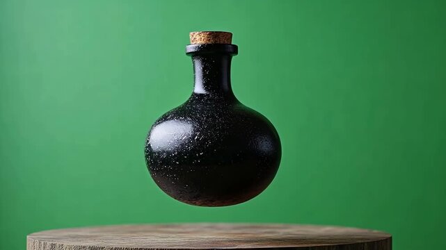 Mysterious black potion bottle with cork stopper levitating above a wooden surface.