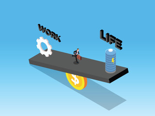 Work-Life Balance Concept. Businessman Balancing Work Gear and Life Battery on Seesaw Supported by Money 3d isometric vector illustration