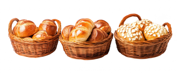 A display of three woven baskets filled with various types of freshly baked bread rolls. a variety of textures and colors. ideal for culinary presentations or food-related content