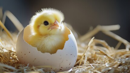 Fluffy yellow baby chick emerging from cracked white eggshell, tiny wet feathers and curious black eyes visible, natural straw nest background, macro photography capturing first moments of life, soft