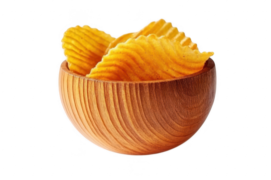A beautifully crafted wooden bowl filled with crispy. wavy potato chips. set against a clean. white background. ideal for snack presentation or food photography