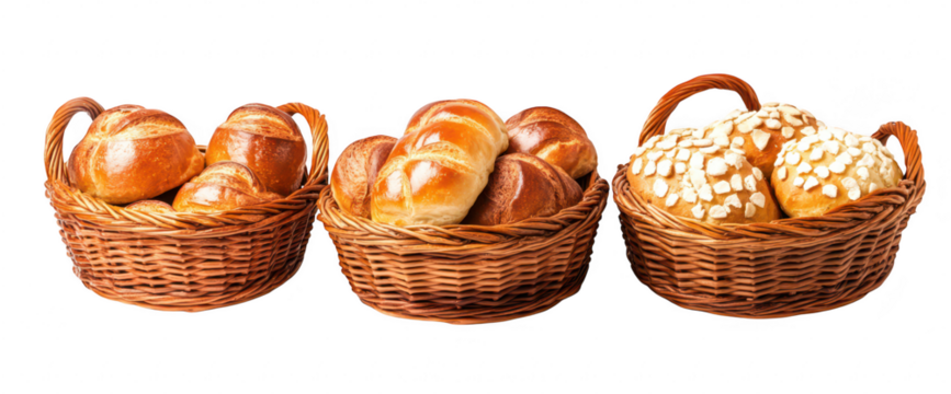 A display of three woven baskets filled with various types of freshly baked bread rolls. a variety of textures and colors. ideal for culinary presentations or food-related content