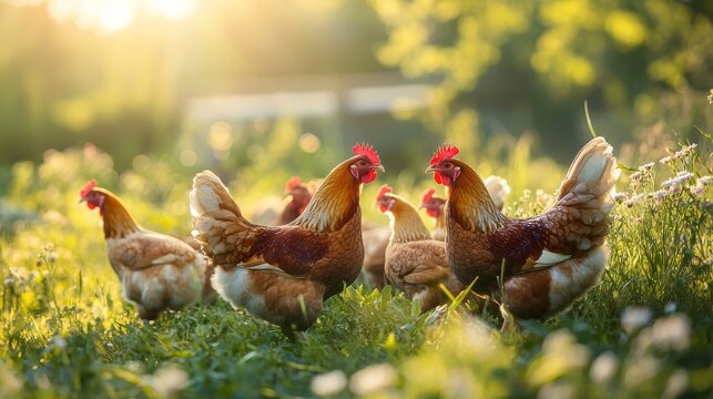 Multi-colored free-range hens pecking among tall grass and wildflowers, parallel image of modern egg-laying facility with spacious nesting areas, natural sunlight streaming through windows, authentic