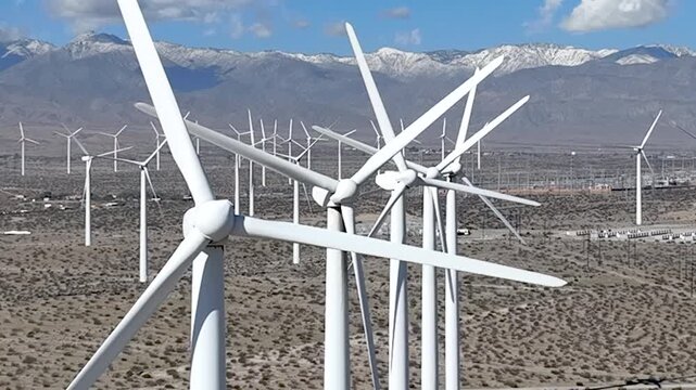 Wind Farm in San Gorgonio Pass near Palm Springs, California - Aerial Drone Push In