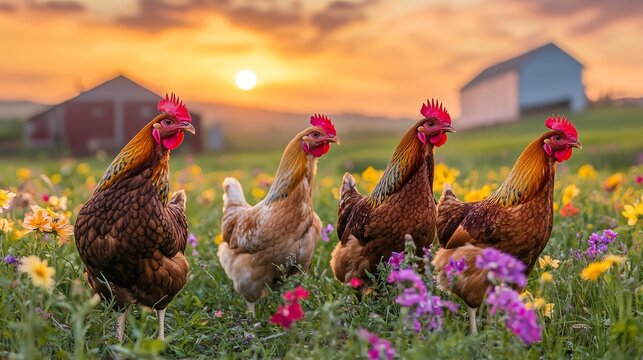 Heritage breed chickens foraging in wildflower meadow at sunset, split composition showing same birds in clean commercial laying barn with automated feeding systems, authentic agricultural