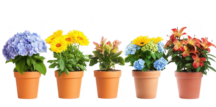 A arrangement of colorful potted flowers including blue hydrangeas. yellow daisies. and red lilies. set against a clean white background. ideal for home decor or gardening inspiration