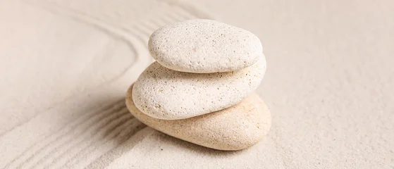 Fototapeten Zen Steine Stack of stones on sand with lines. Zen concept  © Pixel-Shot