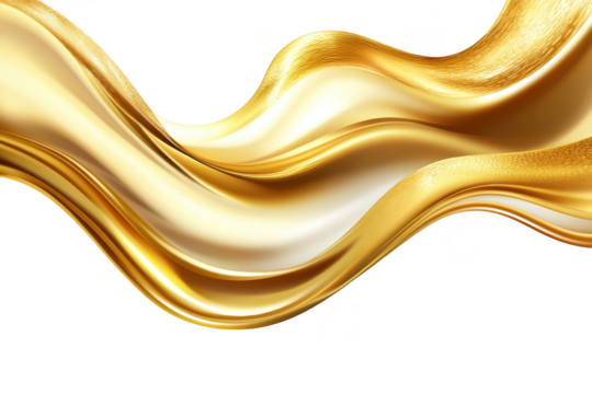 A flowing wave of golden silk fabric gracefully undulating against a white background. creating a luxurious and elegant atmosphere. perfect for fashion. design. or artistic presentations