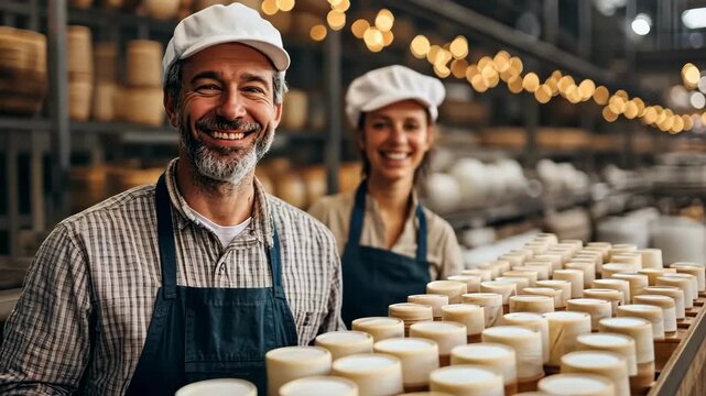 Smiling cheesemakers with fresh cheese in a factory, artisan food production.