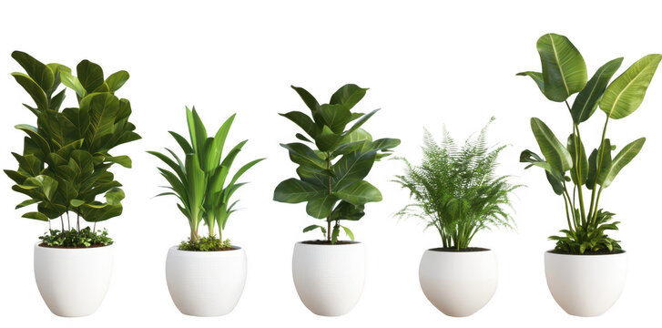 A collection of five indoor plants in white pots. diverse foliage and textures. arranged neatly against a transparent background. ideal for home decor inspiration
