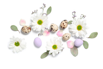 Composition with Easter eggs, chamomile flowers and eucalyptus branches isolated on white background