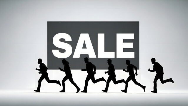 Race to the Deal: A dynamic silhouette captures a rush of figures sprinting towards a bold SALE sign, embodying the thrill and urgency of a limited-time offering.