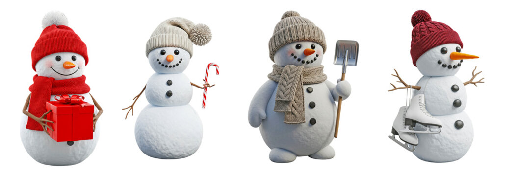 Cute snowman collection wearing winter hats scarves and holiday accessories including gift candy cane shovel and skates as isolated clipart on transparent background for Christmas design use