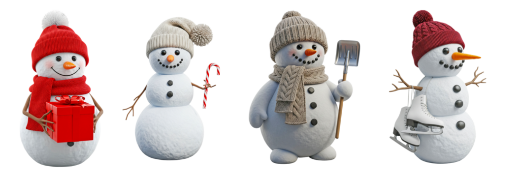 Cute snowman collection wearing winter hats scarves and holiday accessories including gift candy cane shovel and skates as isolated clipart on transparent background for Christmas design use
