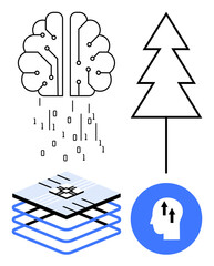 Artificial intelligence concept. Artificial intelligence is illustrated with a neural network, binary codes, data layers, and growth symbol. Artificial intelligence for tech, research, innovation