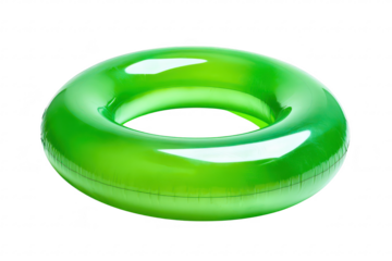 A green inflatable ring. reflecting light. resting on a clean white surface. suitable for summer pool activities or beach outings. with no distractions in the background