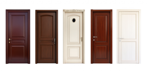 A collection of five distinct wooden doors various designs and finishes. set against a clean white background. ideal for home improvement or interior design projects