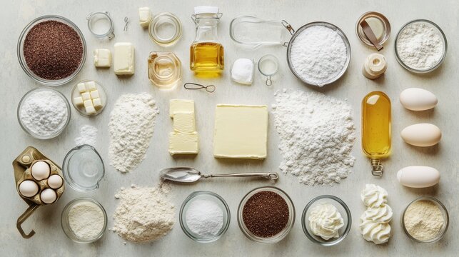 Symmetrical arrangement of baking essentials including white and brown sugars, kosher salt, bread flour, arrowroot starch, neutral oils, European-style butter blocks, aluminum-free leaveners,
