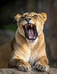 Obraz premium Close-up of a yawning lioness showing its teeth and open mouth