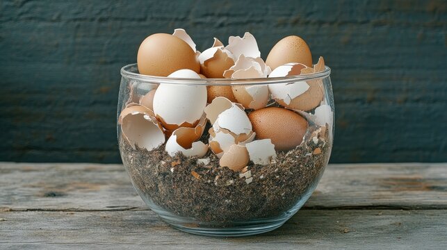 Transparent upcycled flower pot containing diverse collection of broken white and brown eggshells, earthy environment, composting process beginning, subtle mineral deposits visible