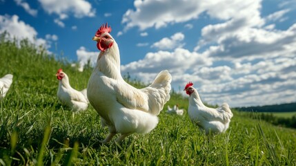 White Leghorn and Rhode Island Red chickens freely exploring grassy hillside, contrasted with organized interior of industrial egg production facility showing humane conditions, photojournalistic