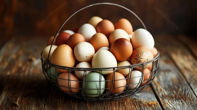 Vintage wire gathering basket displaying vibrant array of freshly collected eggs from rare chicken breeds, rough-hewn wooden surface, working farm environment with natural elements