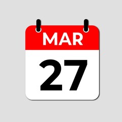 March 27 Calendar Icon, Daily Date and Event Planner Symbol