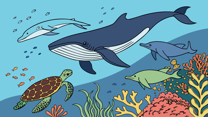 Seamless vector cartoon pattern with funny tropical dolphin and fish animals in the ocean water
