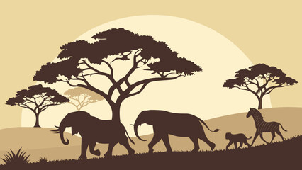 Silhouette vector illustration of a wild elephant on the savanna grass at sunset