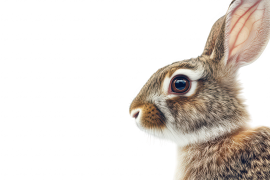A close-up profile of a rabbit its detailed fur and expressive eyes against a clean white background. ideal for nature-themed projects and educational materials