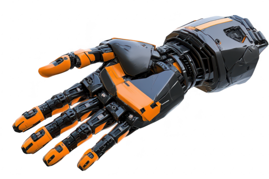A futuristic robotic hand designed with intricate mechanical details and orange accents. advanced technology and innovation in a clean. white background