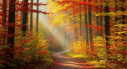 A winding path covered in fallen leaves leads through a dense forest ablaze with vibrant autumn colors, featuring tall tree trunks and a soft, ethereal mist filtering through the canopy
