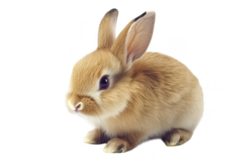 A fluffy golden-brown rabbit sitting gracefully on a white surface. its soft fur and curious expression. ideal for pet-themed imagery or animal care content