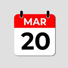 March 20 Calendar Icon, Flat Vector Date Symbol for Schedule Management