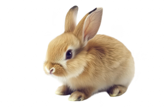 A fluffy golden-brown rabbit sitting gracefully on a white surface. its soft fur and curious expression. ideal for pet-themed imagery or animal care content