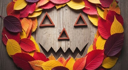 Creative autumn leaf pumpkin face decoration made from colorful fall leaves arranged in a circular pattern