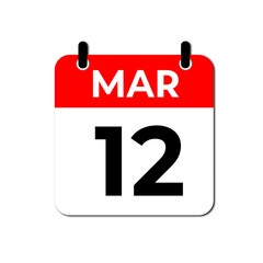 Calendar Icon Showing March 12th. Date Reminder Symbol in Red and White Flat Design Vector