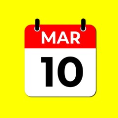 Calendar Icon Showing March 10th. Date Reminder Symbol in Red and White Flat Design Vector