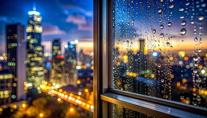 macro closeup condensation droplet window frame seal night building reflection tiny light micro texture moisture smooth surface subtle glow urban scene delicate highlight close view