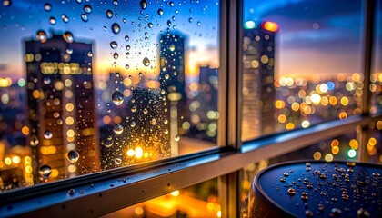 macro closeup condensation droplet window frame seal night building reflection tiny light micro texture moisture smooth surface subtle glow urban scene delicate highlight close view