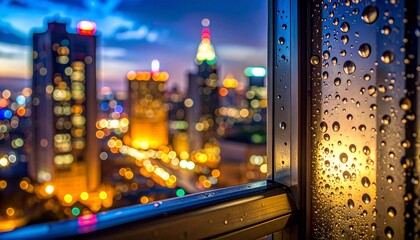 macro closeup condensation droplet window frame seal night building reflection tiny light micro texture moisture smooth surface subtle glow urban scene delicate highlight close view