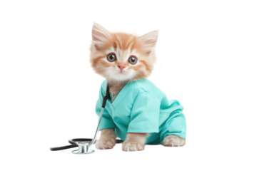 A cute orange kitten dressed in a teal medical scrub. sitting with a stethoscope. symbolizing veterinary care and compassion. set against a clean white background