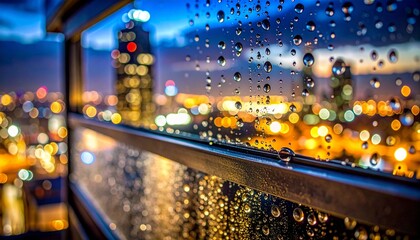 macro closeup condensation droplet window frame seal night building reflection tiny light micro texture moisture smooth surface subtle glow urban scene delicate highlight close view