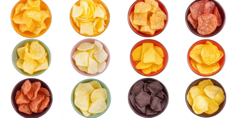 A display of various potato chips in colorful bowls arranged in a grid pattern. different flavors and textures. perfect for snack promotion or culinary presentations