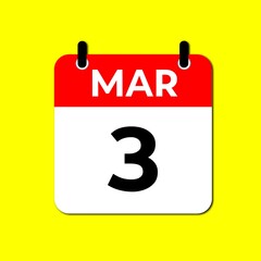 Calendar Icon Showing March 3rd. Date Reminder Symbol in Red and White Flat Design Vector