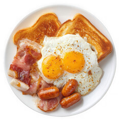 Toast bread with pork belly, egg, ham, sausage on white plate, top view with on white background
