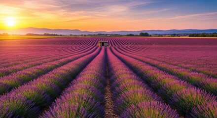 Vast field of blooming purple lavender rows stretching towards the horizon during a vibrant sunset with warm orange and yellow light illuminating the sky over the countryside